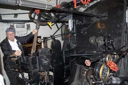 Railroad guy telling us about the workings of the cab-forward locomotive